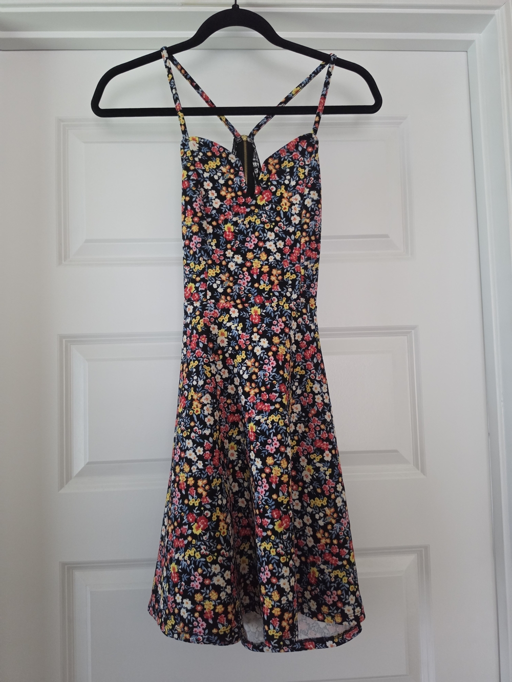 Floral Spaghetti Strap Sundress - Black Multicolor Lace Open Back